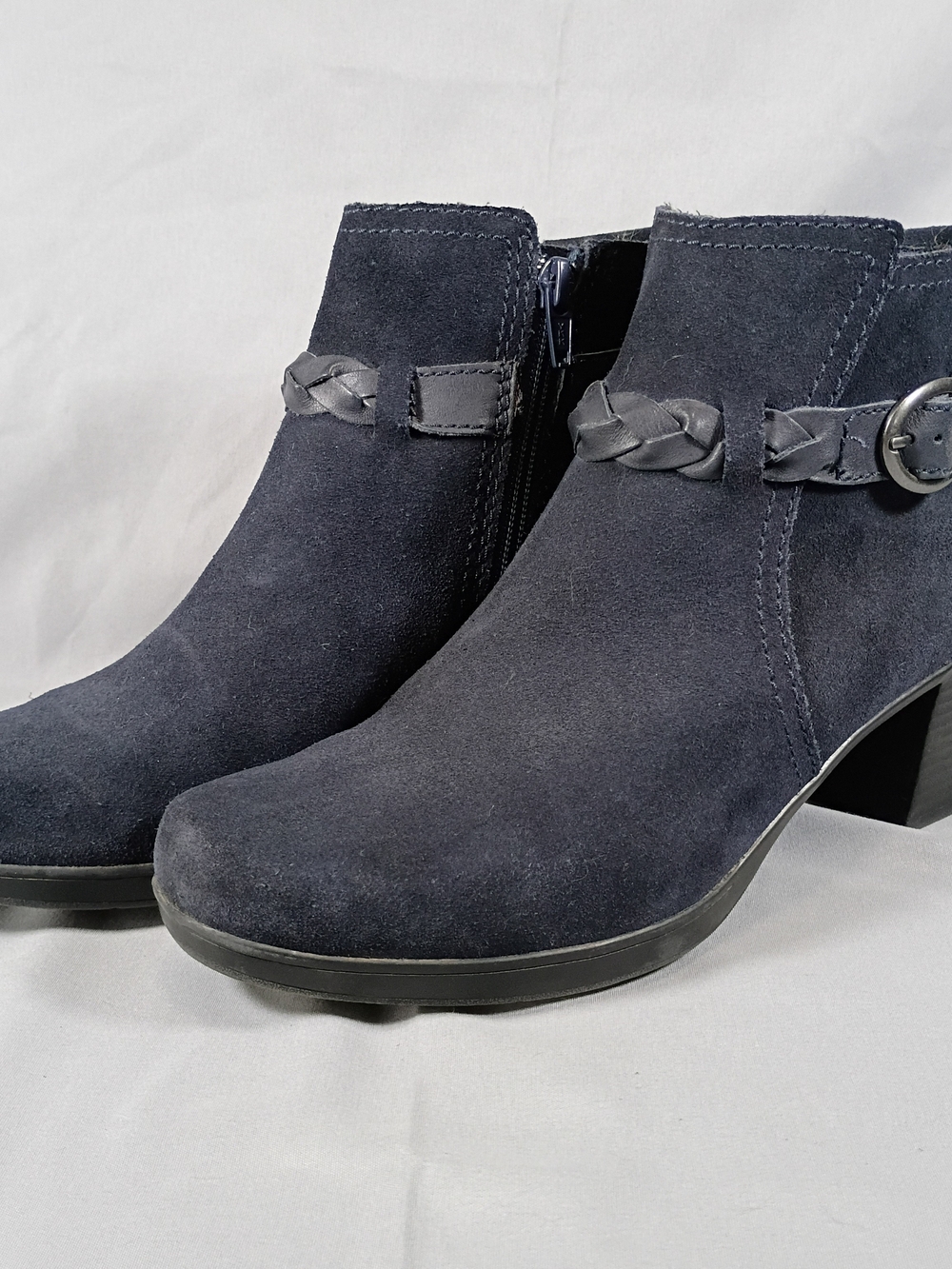 Clarks Navy Blue Suede Ankle Boots Braided Strap Buckle Heeled Booties